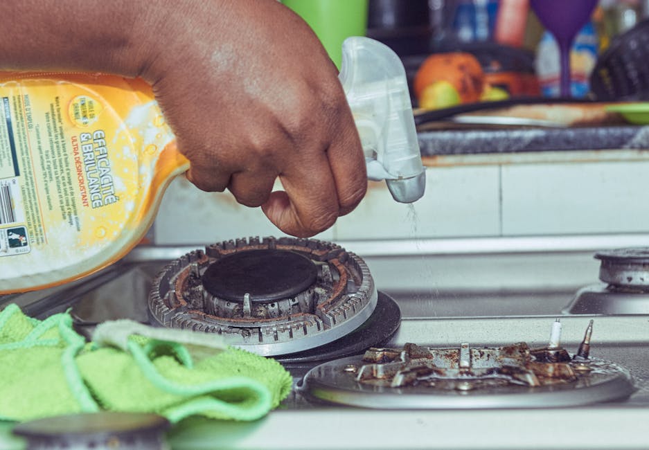 A person wearing yellow and blue cleaning gloves is opening the door of a clean, stainless steel oven, set at a slight angle, to perform surface cleaning or deep cleaning. The oven's interior light il